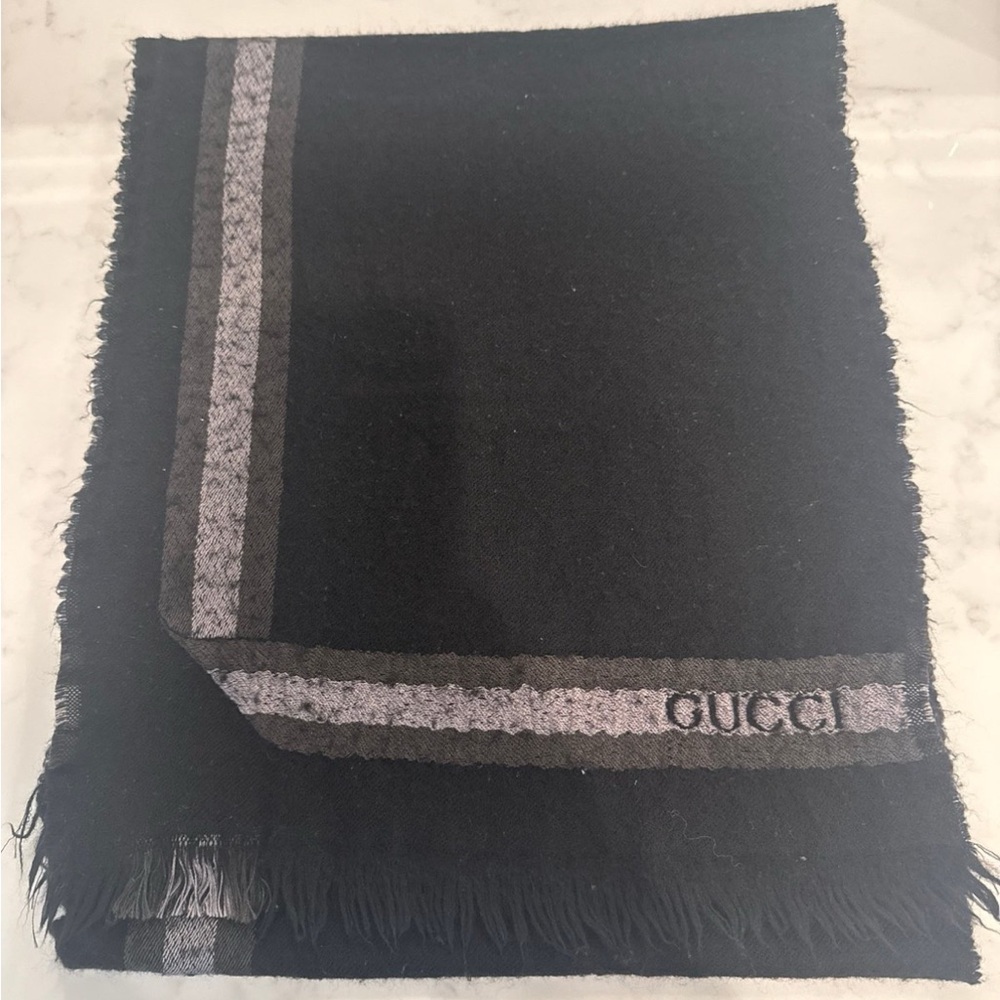 Gucci Black Scarf with Gray Stripe Detail